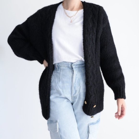 Vintage Eaton Black 50% Wool Open Face Cardigan with  Buttons Size GL - Picture 1 of 10